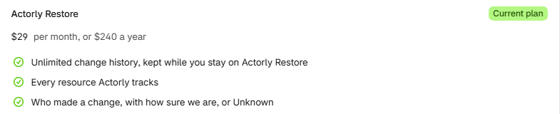 The Actorly Restore card on Account: $29 per month or $240 a year, the Current plan label and the first features