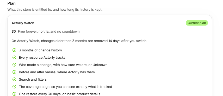 The Plan section of Account on Actorly Watch: Current plan, $0 free forever and the first features it includes
