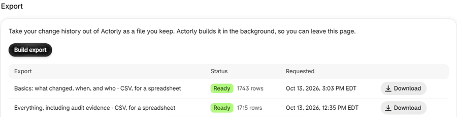 The Export block on Actorly Restore: Build export, and two Ready exports each with a Download button